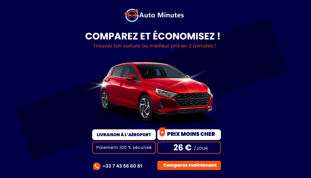 Location de voiture à Tunis-Carthage dès 26 €/jour – Offres Automne 2025 sur Auto-Minutes.com